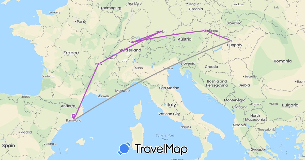 TravelMap itinerary: driving, plane, train in Austria, Switzerland, Germany, Spain, France, Hungary (Europe)